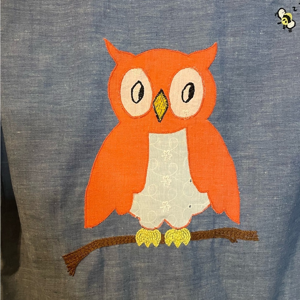 VTG blue chambray button down shirt embellished w/ lace & owl appliqué sz XL - Picture 8 of 8